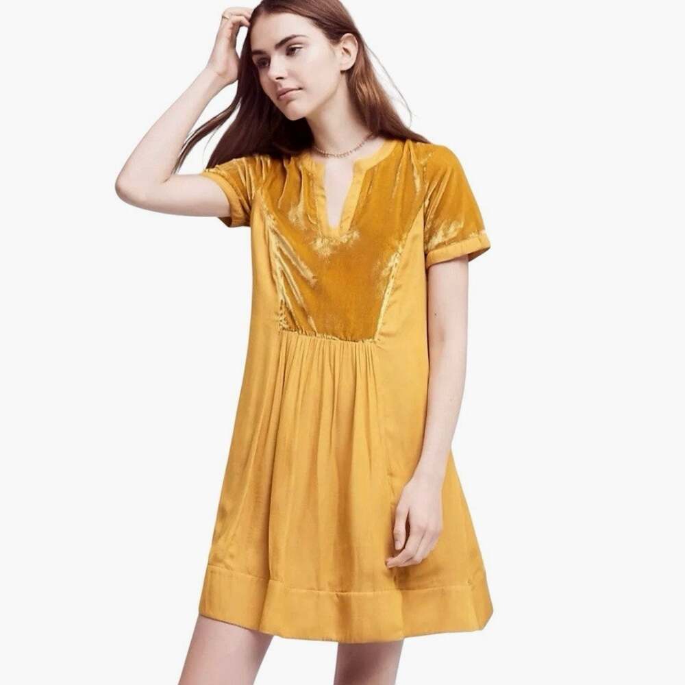 Anthropologie Maeve Ingrid Velvet Tunic Dress in Golden Yellow Size Small